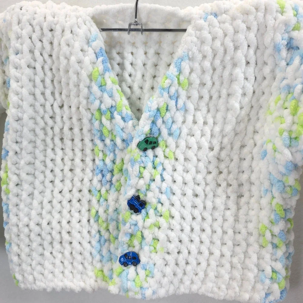 Handmade Cardigan Car Buttons White Blue Green Boys 2T-3T Cozy Knit Chenille